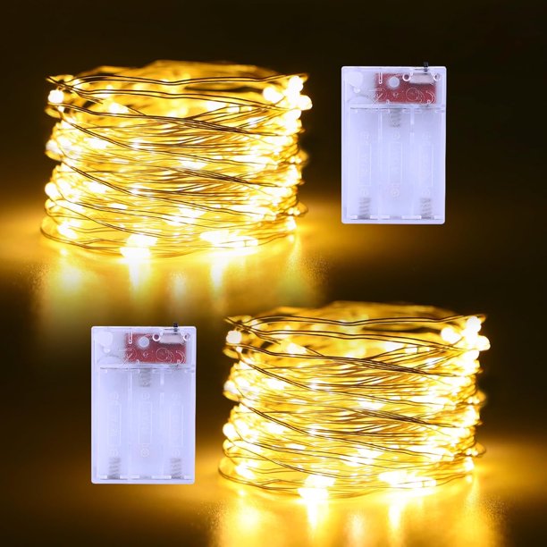 Guirnalda de luces YZhouD a pilas (2 unidades, 5 m, 50 LED, alambre de cobre plateado, luces brillantes para Halloween, Navidad, dormitorio, interior, exterior, boda, dormitorio, decoración (blanco