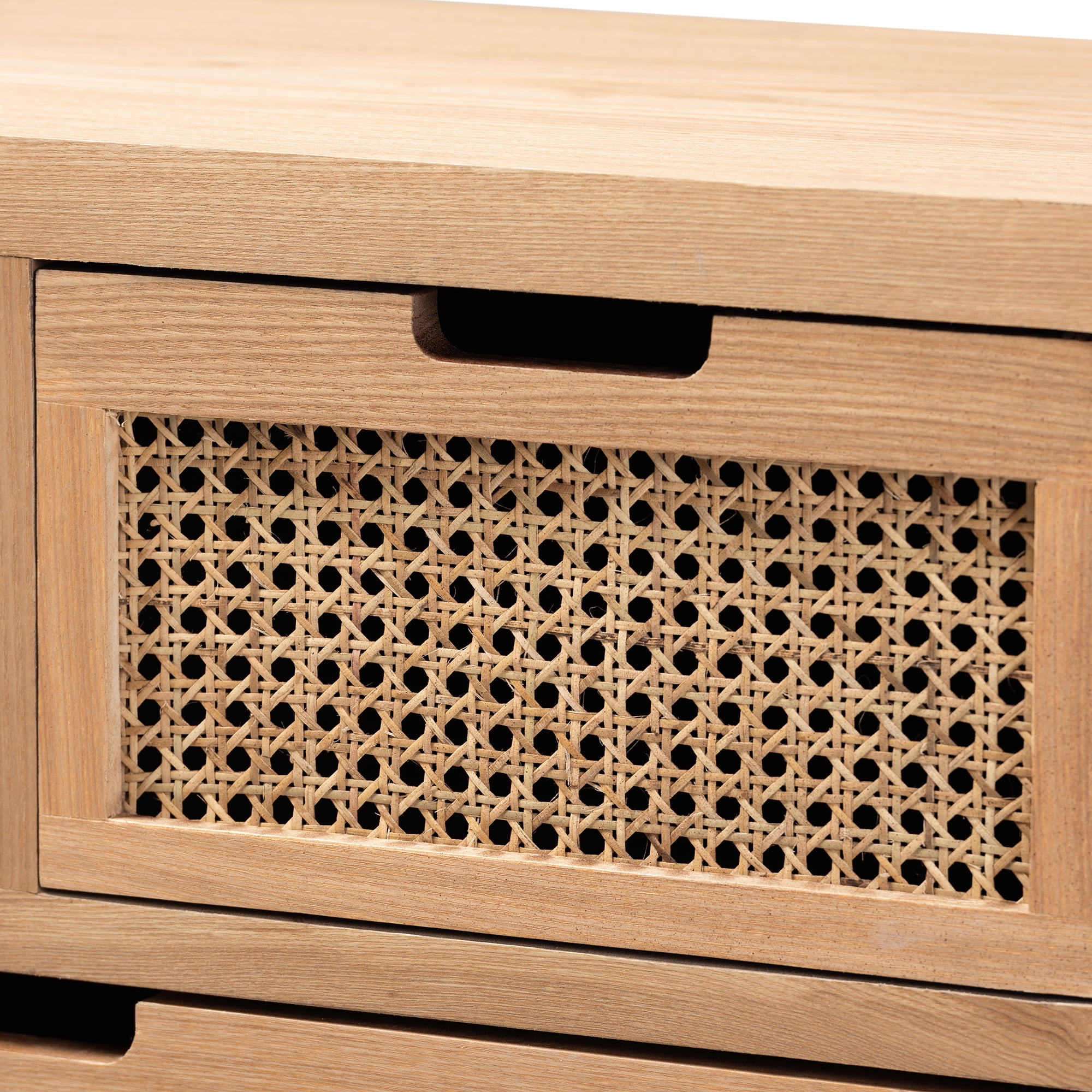 Baxton Studio Alina Mid-Century Modern Medium Oak Finished Wood and Rattan 4-Drawer Accent Chest