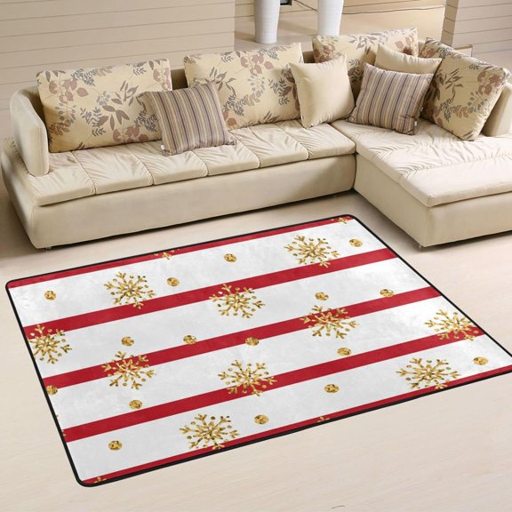 SKYSONIC Christmas Gold Snowflake Non-Slip Area Rug, White Red Stripes Floor Carpet Comfort Floor Mats Decor for Indoor Front Porch,Living Room, Bedroom,Kitchen,72"x48"