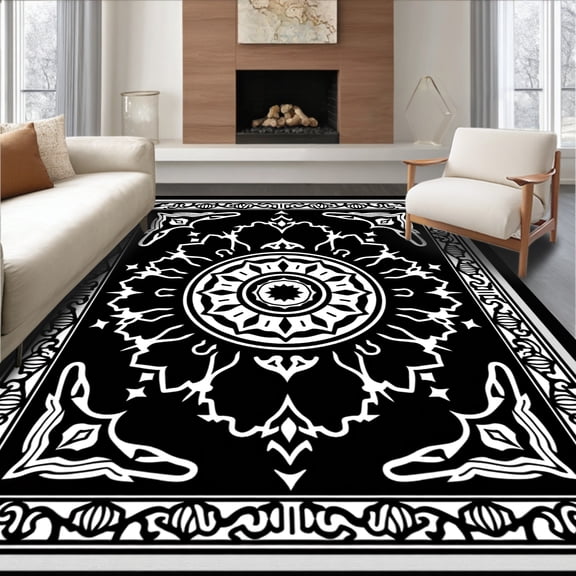 ODIKA 4'x6' Machine Washable Non-Slip Area Rug, Midnight Medallion with Ornate Flourish Motifs High Traffic Rug, Black, 371981