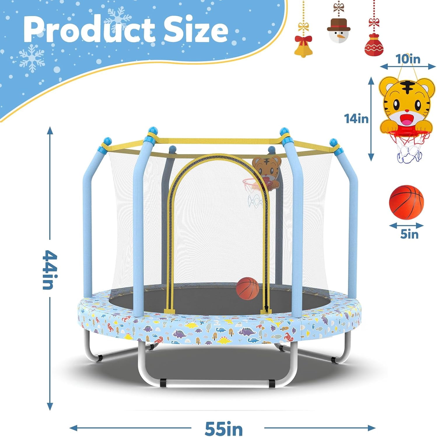 55" Trampoline for Kids, Mini Toddler Trampolines Indoor with Basketball Hoop & Safety Enclosure Net, No-Gap Safe Design for Boys Girls Ages 1-8
