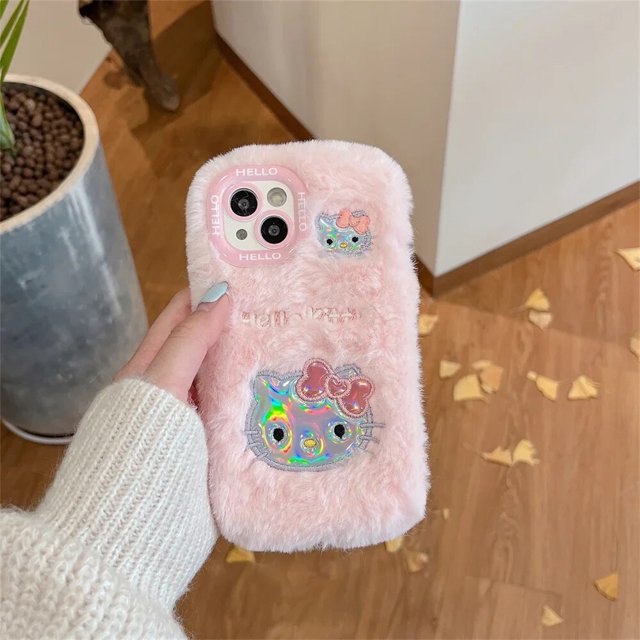 Cute Cartoon Anime Role Hello Kitty Plush Phone Case for IPhone 11 12 13 14 15 Pro Max Soft Lovely Fuzzy Anti-fall Back Cover RJ