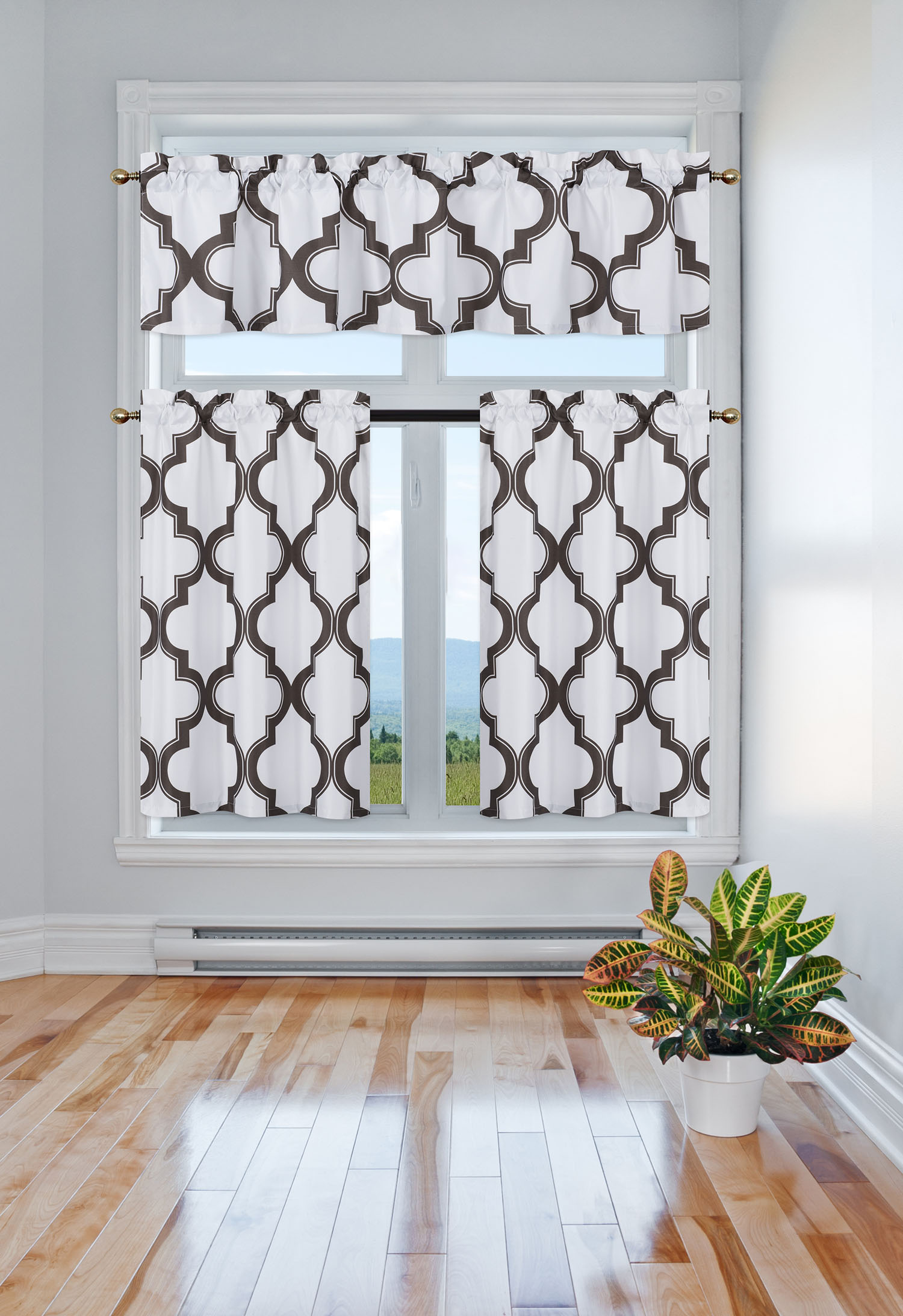 3PC KITCHEN 7lo BROWN ROD POCKET GEOMETRIC DESIGN WINDOW CURTAIN PANELS