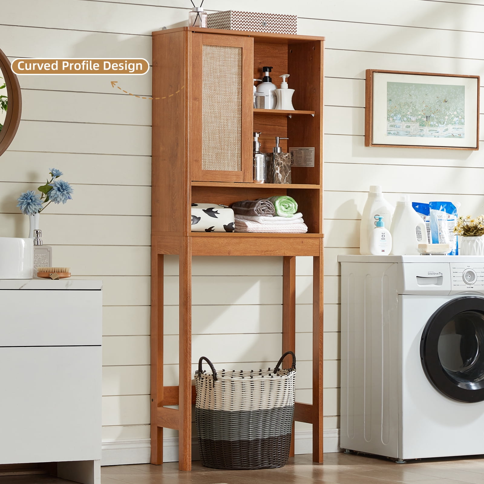 LELELINKY Over The Toilet Storage Cabinet with Rattan Sliding Door, 68" Tall Wood Bathroom Organizer with Adjustable Shelf for Small Spaces, Tea Color
