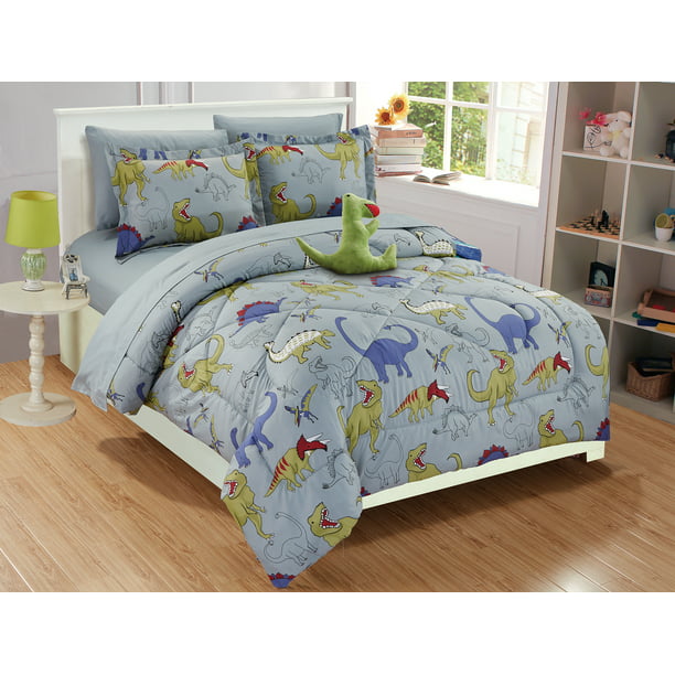 Fancy Linen Collection 6 pc Twin size DINOSAUR Grey blue Yellow Kids ...