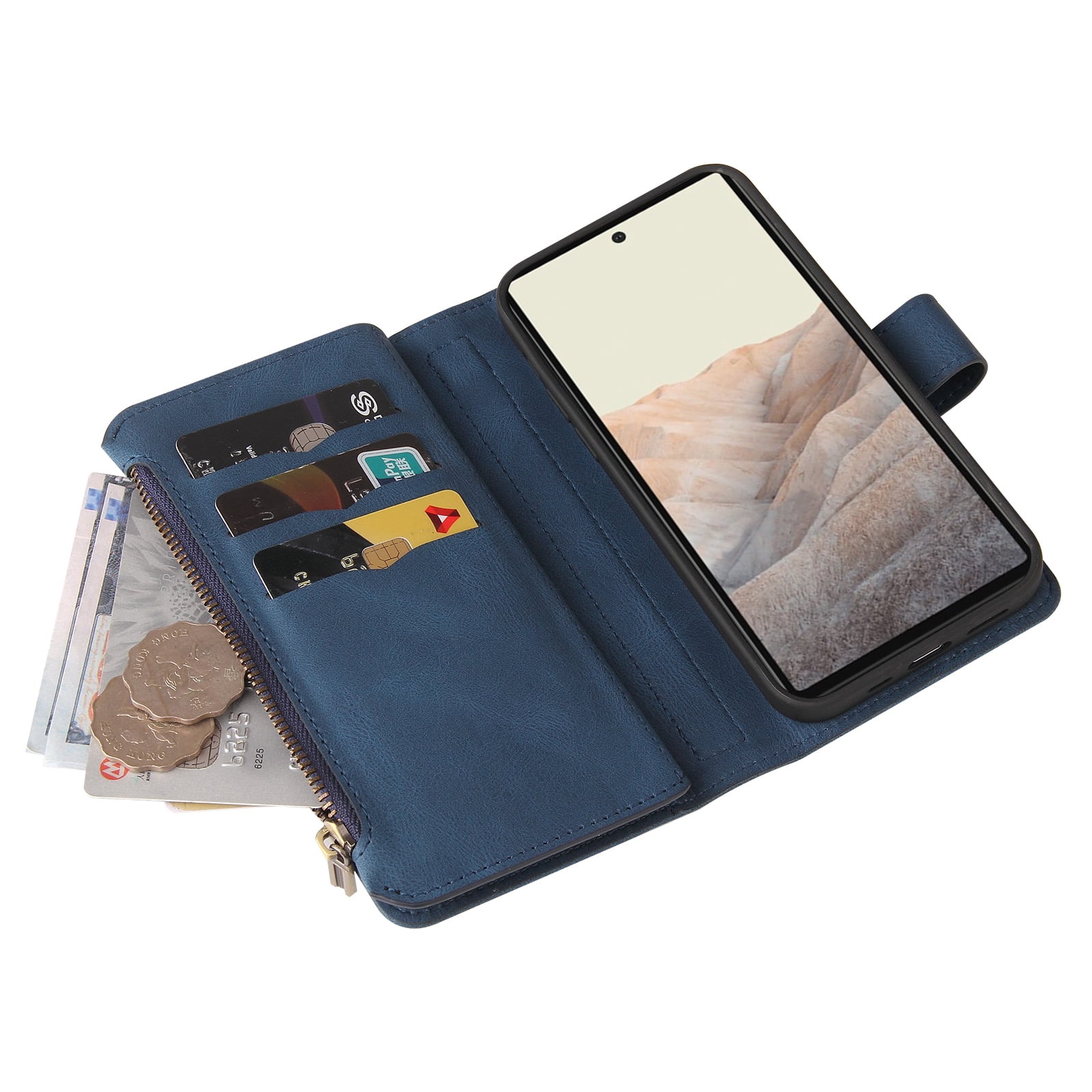 Phone Case for Google Pixel 6, Google Pixel 6 Wallet Case, Luxury Folio Flip Leather Cover [Zipper Pocket] [Wrist Strap] [Kickstand] for Google Pixel 6 6.4 inch,Blue