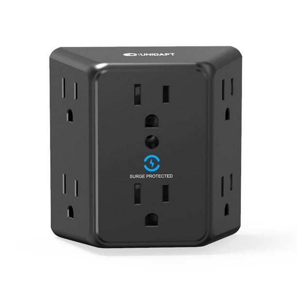 Extensor de enchufe múltiple de 6 tomacorrientes, divisor de pared con protector contra sobretensiones negro Unidapt, regleta de alimentación 1800J, adaptador espaciado ancho de 3 lados, expansor de c