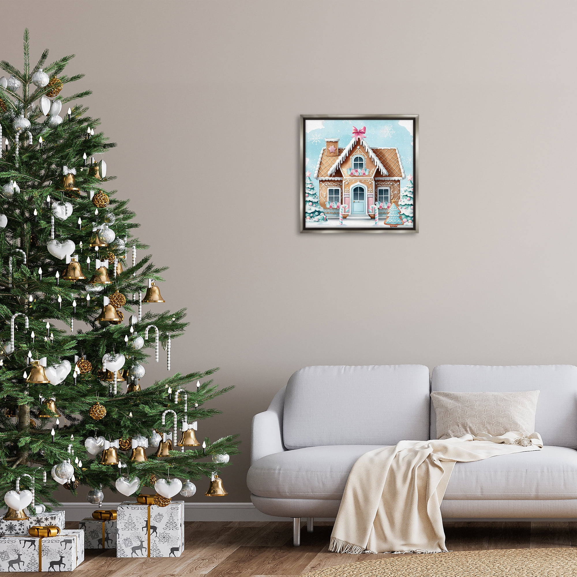 Stupell Industries Fancy Gingerbread House Holiday Painting Gray Floater Framed Canvas Art Prints Wall Art, 25 x 25