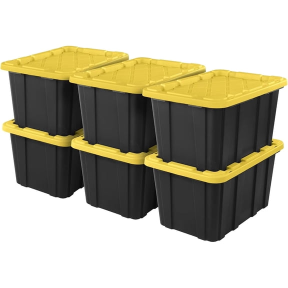 6 Pack 27 Gallon Heavy Duty Storage Totes with Lids, Stackable Plastic Storage Bins for Garage,Basement and Home Organization, Black and Yellow