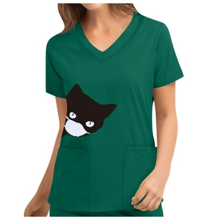 

Aimik Women s Cat Graphic Nurses Workwear Scrubs Top Tunic Uniform Shirt Clinic Carer V-Neck Short Sleeve Scrub Blouse Plus Size Protective Clothing with Pocket
