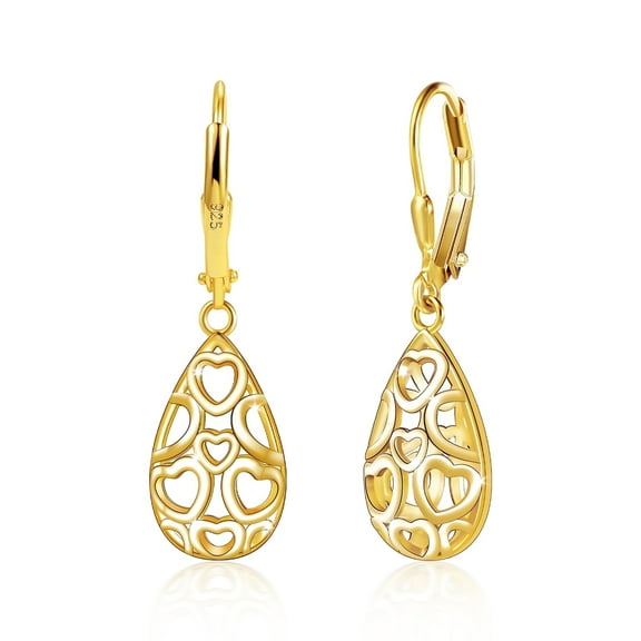 Alexcraft 14K Gold Plated Teardrop Leverback Filigree Dangle Earrings, Hypoallergenic Sterling Silver Plated earrings for Women