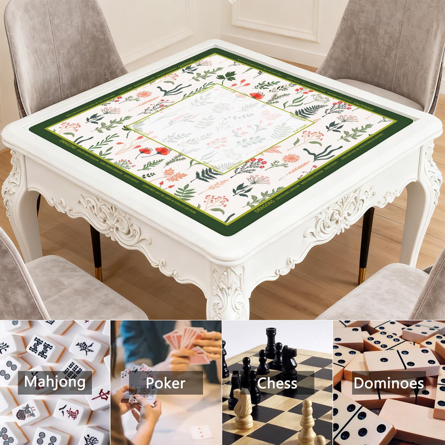 Green Mahjong Mat with Rules, 31.5*31.5in Anti Slip American Mahjong Mat for Table, Noise Reduction, Neoprene Mah jongg Mats with Carrying Bag & 3 Dices, Mahjong Set Gift, Board Tile Games Mats