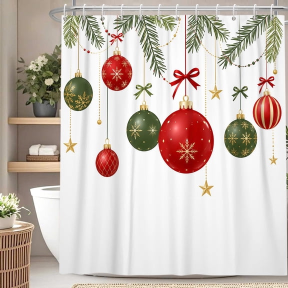 Nanqianyi Christmas Ornament Pine Shower Curtain with Hooks,Polyester Waterproof Winter Holiday Bath Decor,36"x72"