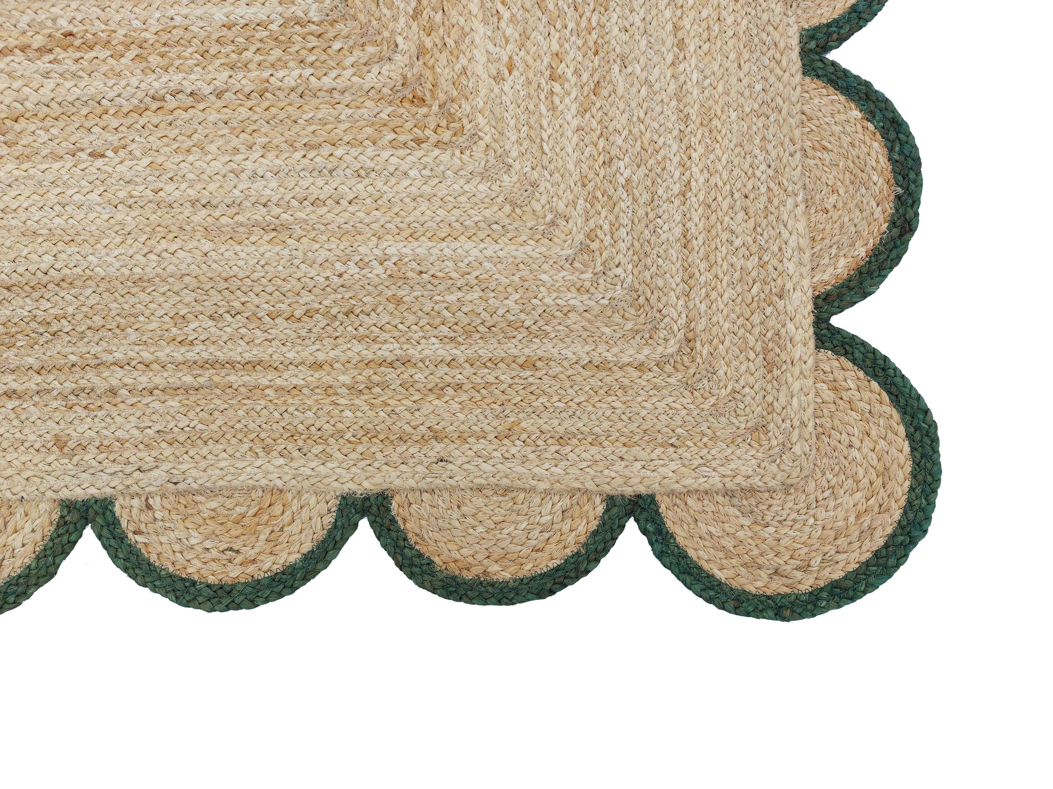 Jute Area Rug Carpet For Home And Living Room Décor Rectangular Scalloped Natural Jute Area Rug Green 2'6" x 10' BY KALVEERA