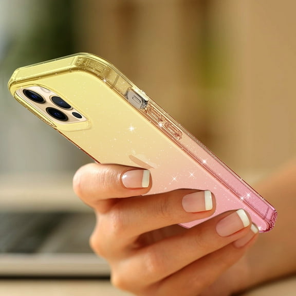 KIQ IPhone 13 Pro Case, Cell Phone Womens Case Cover Gradient Colorful TPU Glitter (Yellow/Pink)