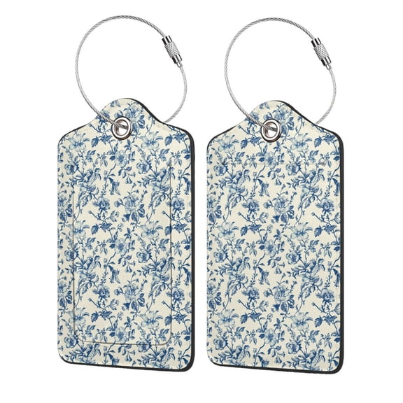 Honeii Vintage Blue Floral Print Leather Luggage Tag for Suitcases,ID Tags,Bag Tags for Luggage,Functional Travel Tag-1