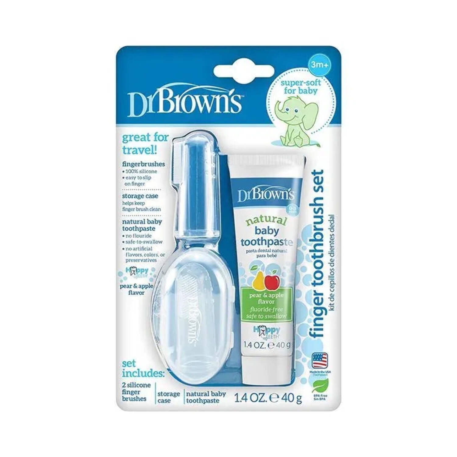 Dr. Brown's 100% Silicone Baby Finger Toothbrush, Clear + Apple Pear Baby Toothpaste, 0-3Y