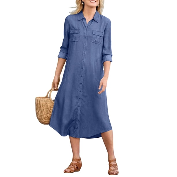 Vestido Vestido con botones para mujer, elegante blusa vaquera, vestido holgado a media pierna, vestido vaquero Ygjytge Azul claro T 24 para Mujer