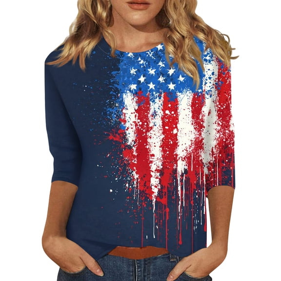 4th of July Shirts Women Loose 3/4 Sleeve American Flag Print Tshirts Crew Neck Independence Day Patriotic Pullover USA 250th Anniversary Celebration Party 1776-2026 Blouses, L