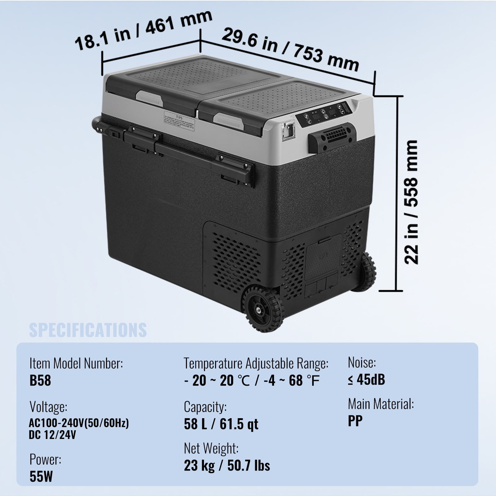 KFFKFF 12 Volt Car Refrigerators 58L / 61.5 QT RV Refrigerator, Freezer Fridge Cooler DC & AC, for Home, Travel, Camping, RV and Outdoor