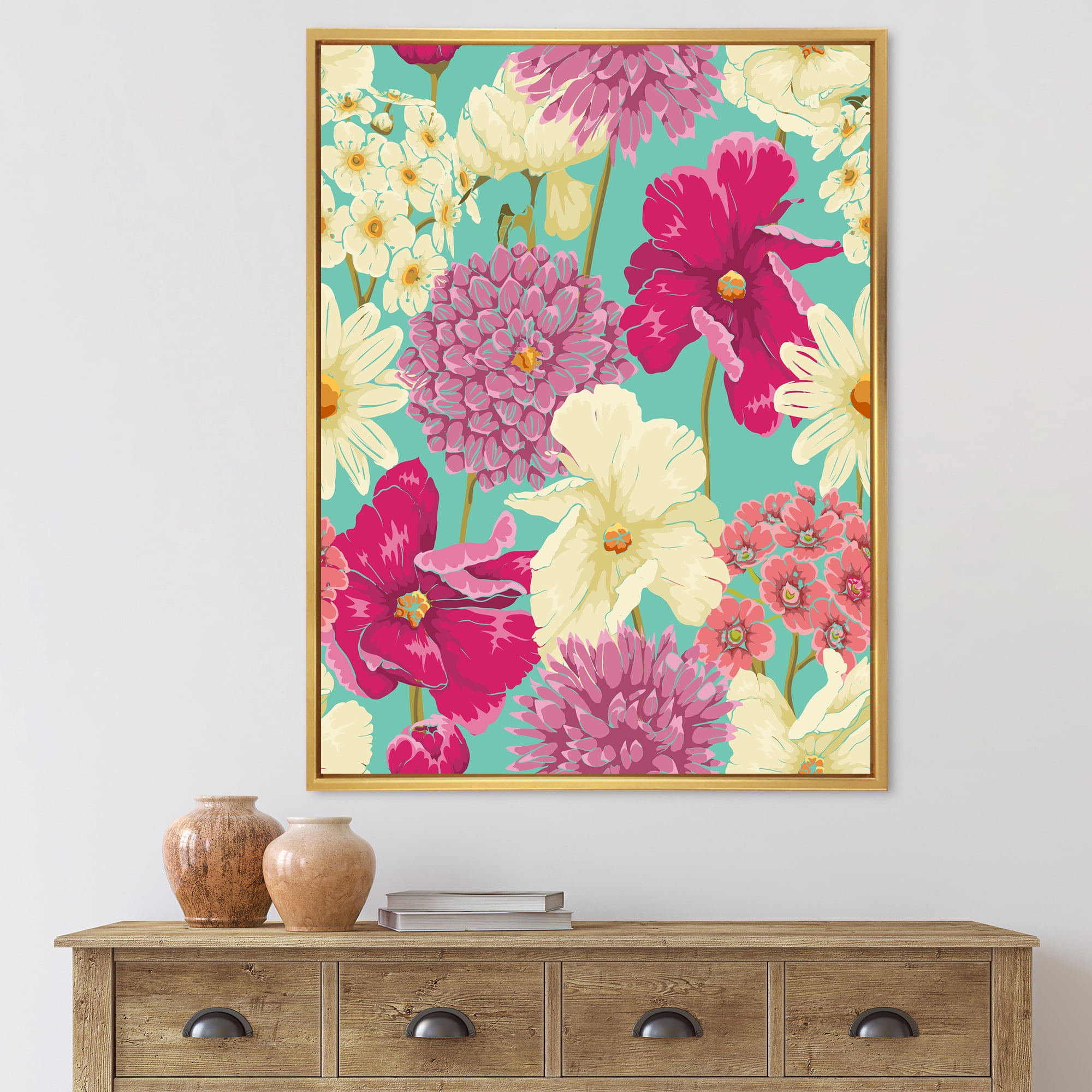 Designart 'Vintage Yellow and Pink Flowers' Traditional Framed Canvas Wall Art Print