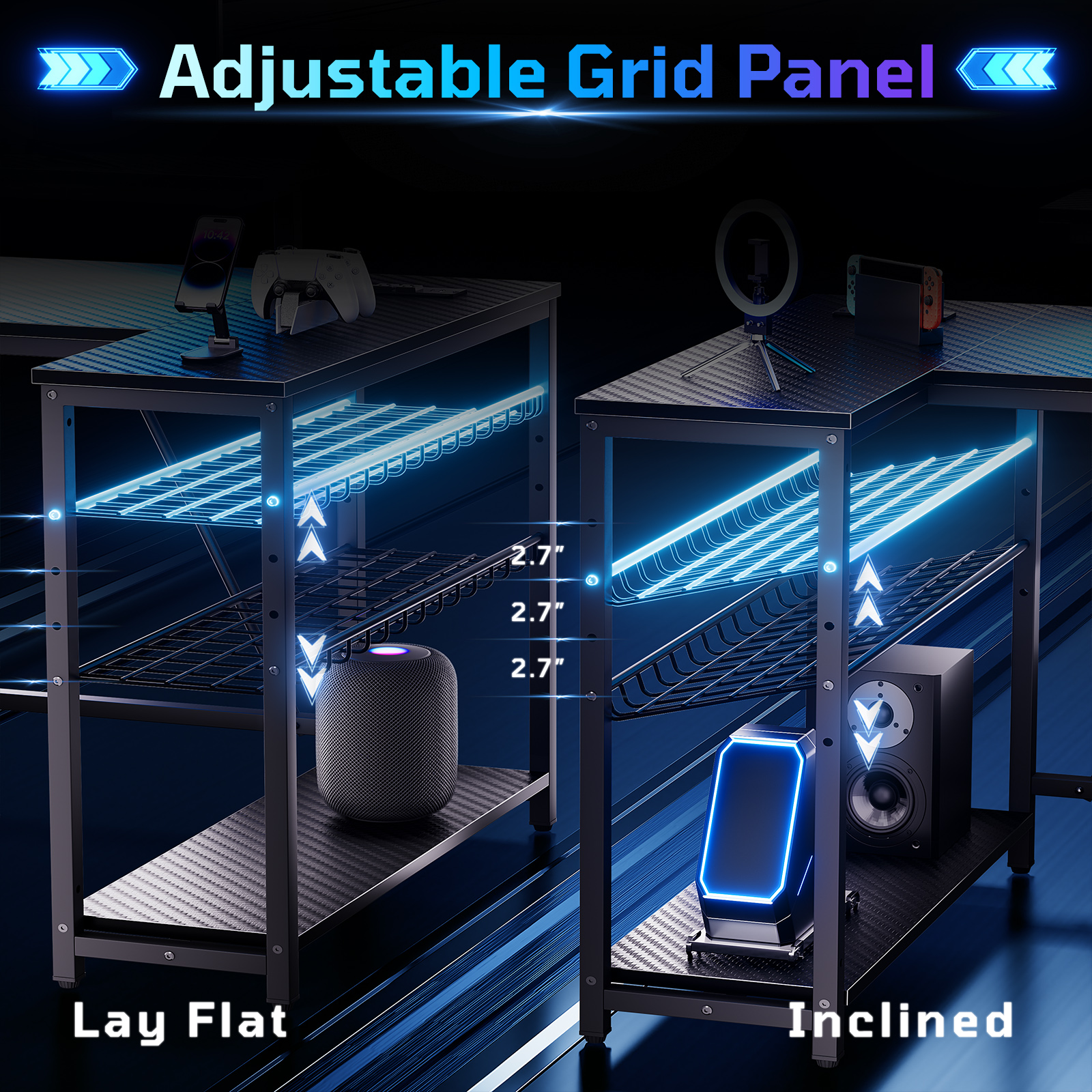 RSPGAME 42" L-Shaped Gaming Desk with LED Lights, Black photo 7