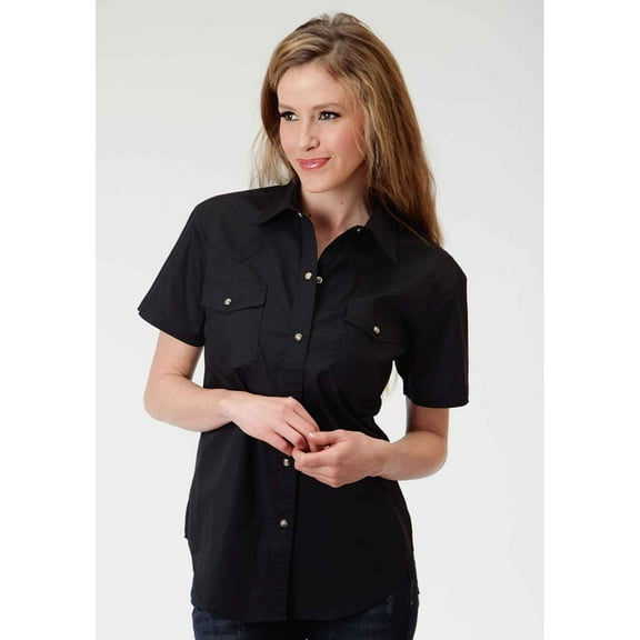 Roper Womens Black Solid Short Sleeve Western Snap Shirt