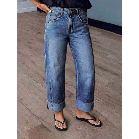 Women's Roll Cuff Wide Leg Jeans, Side Seam Stripe Casual Cropped Trousers with Pockets