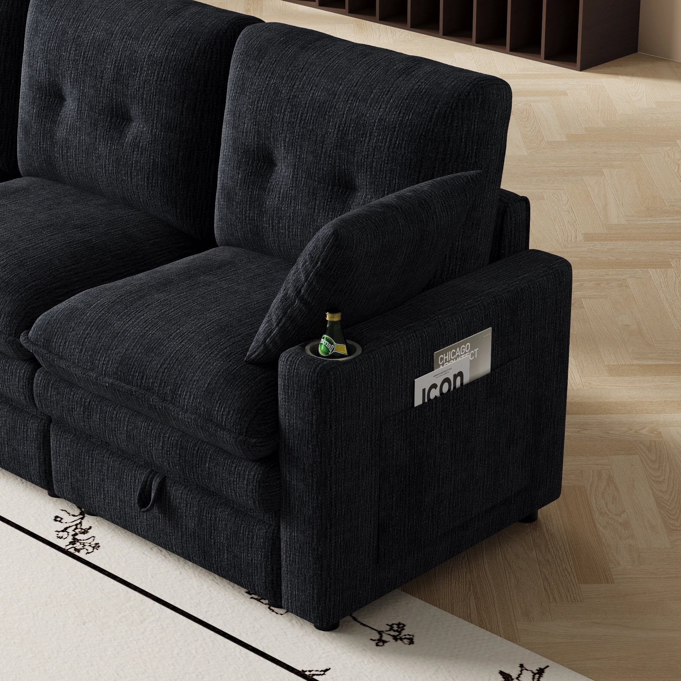AISWORD 89" 3-in-1 Convertible Pull Out Sofa Bed, 6 Position Adjustable Sleeper Couch with USB Ports, Laptop Table, Cup Holders & Side Storage Pockets, Black