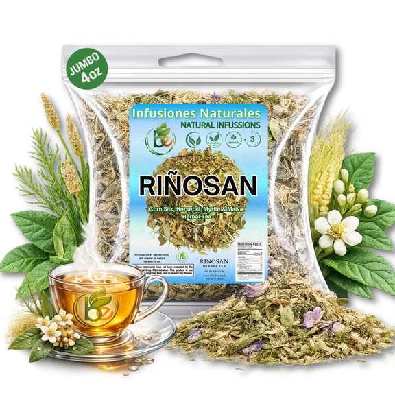 Riñosan Herbal Tea (4 oz) - Traditional Kidney Wellness Support Blend - Corn Silk, Horsetail, Myrtle & Malva - 100% Natural Loose Leaf Infusion - Caffeine-Free, Vegan, Non-GMO
