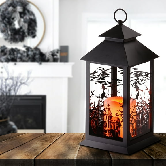 National Tree Company Halloween Lantern with LED Lights, Carved Images of Witches, Haunted House, 12 inches