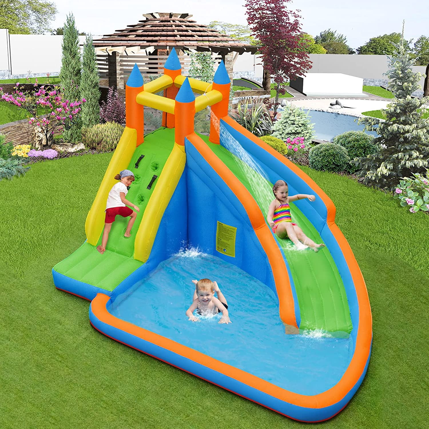 OLAKIDS Inflatable Water Slide, Bounce House Water Park with Slide Climbing Wall Splash Pool, Indoor Outdoor Jumping Castle Obstacle Course for Kids Backyard with Carrying Bag Repairing Kit Stakes