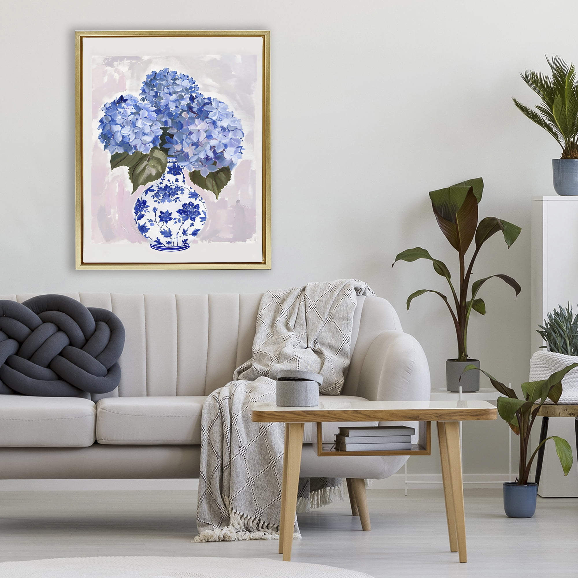 Stupell Industries Blue Hydrangea in Porcelain Vase Gold Framed Floater Canvas Wall Art, design by The Prints Vibe