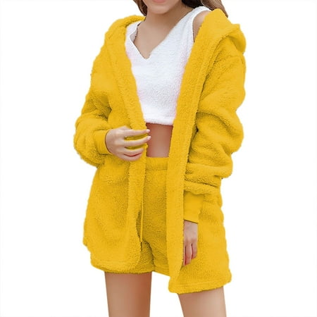 

JDEFEG Women Long Sleeve Pajamas Cotton Womens Pajamas Three Piece Vest Shorts Jacket Plush Pajamas Three Piece Sets Slippers Girl Polyester Yellow L