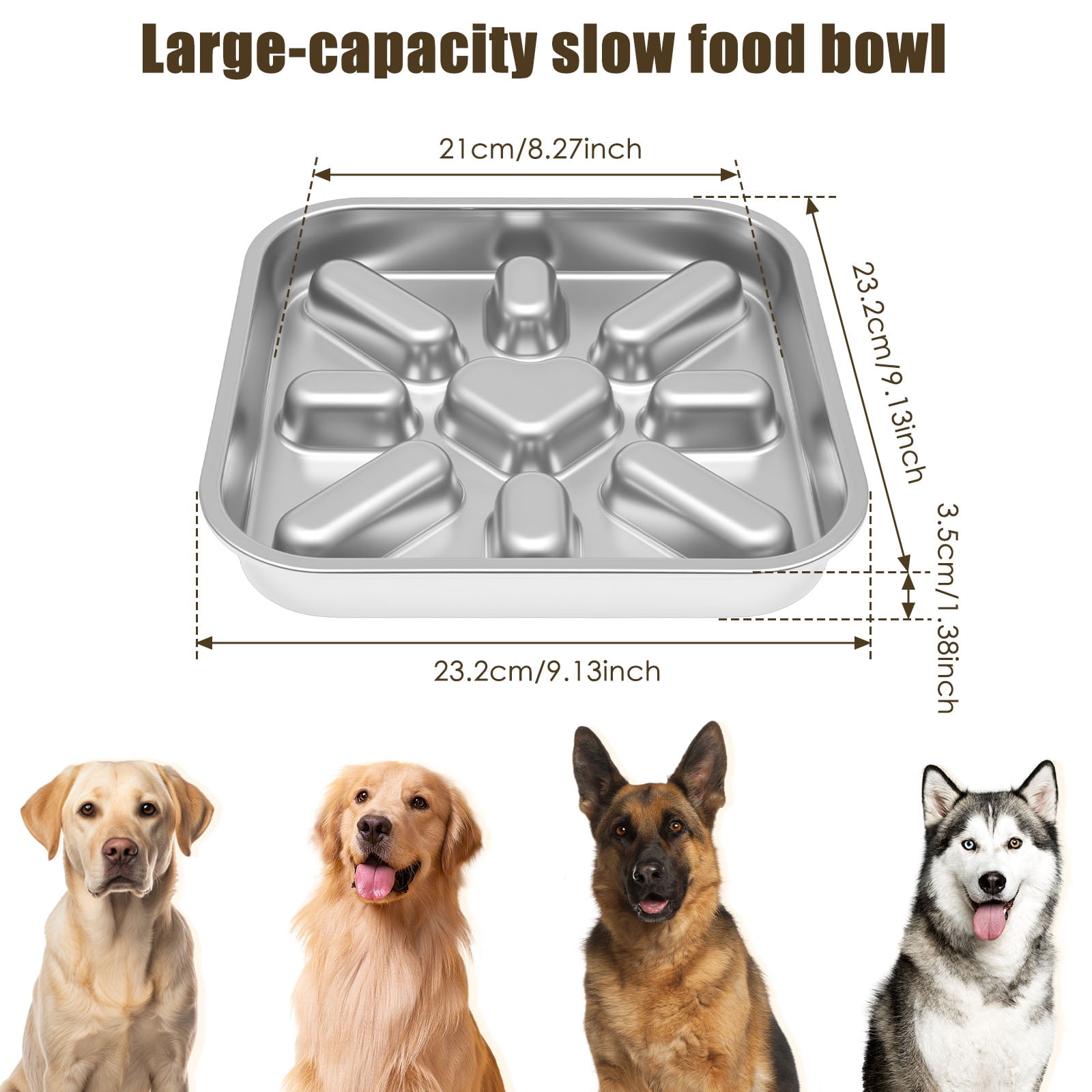 Stainless Steel Slow Feeder Dog Bowl Large and Medium Breed Non Slip Base Deep Ridges to Slow Eating Dishwasher Safe Chew Proof and Rustproof Silver