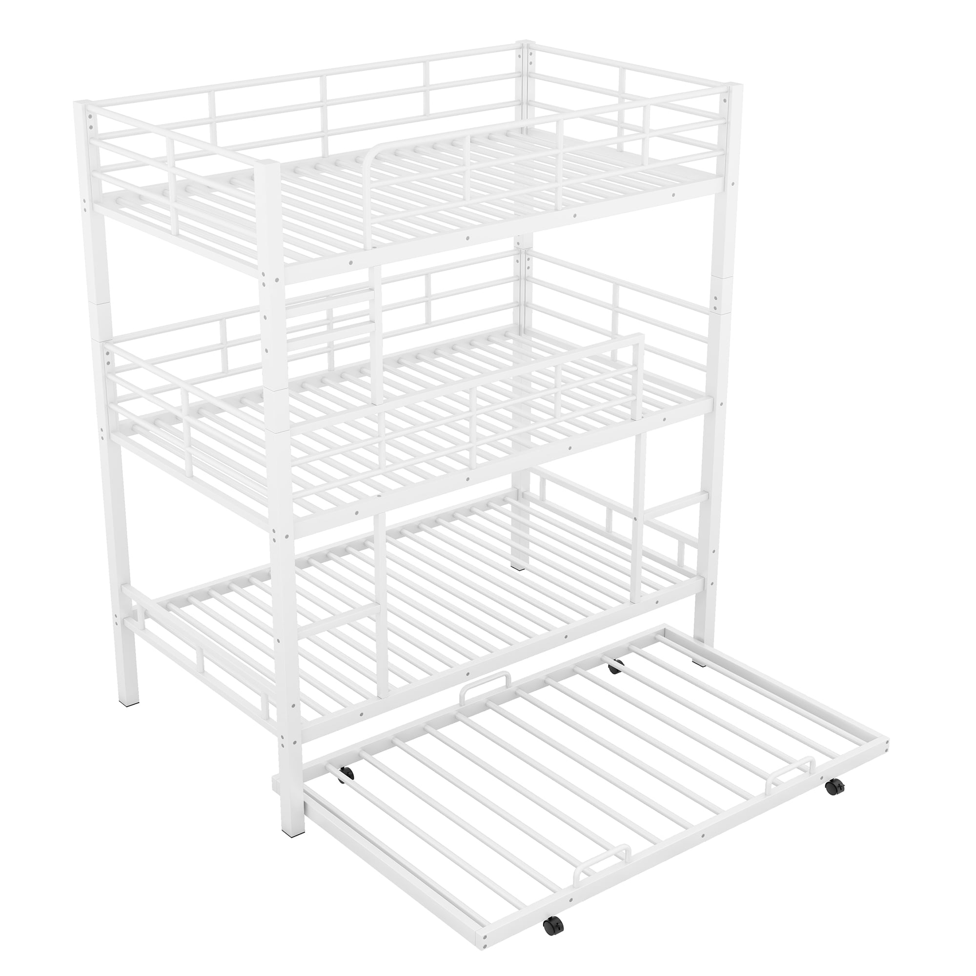 Euroco Metal Twin Triple Bunk Bed with Trundle, Convertible 4 Beds in One Bunk for Kids, White