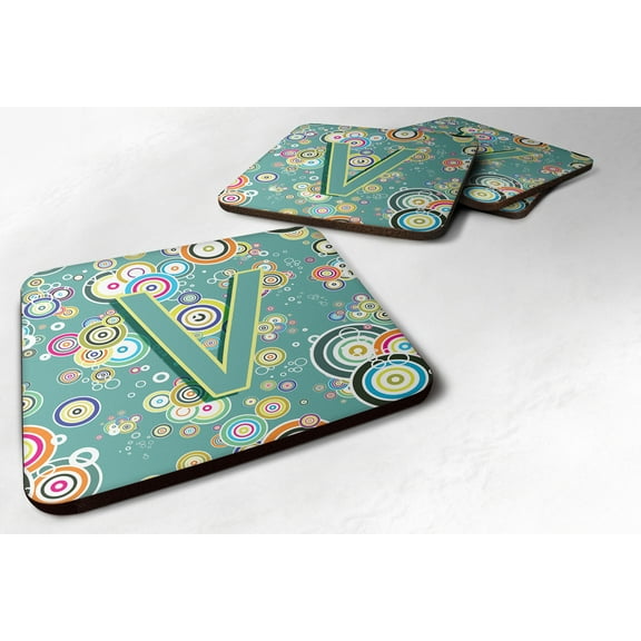 Letter V Circle Circle Teal Initial Alphabet Foam Coaster Set of 4
