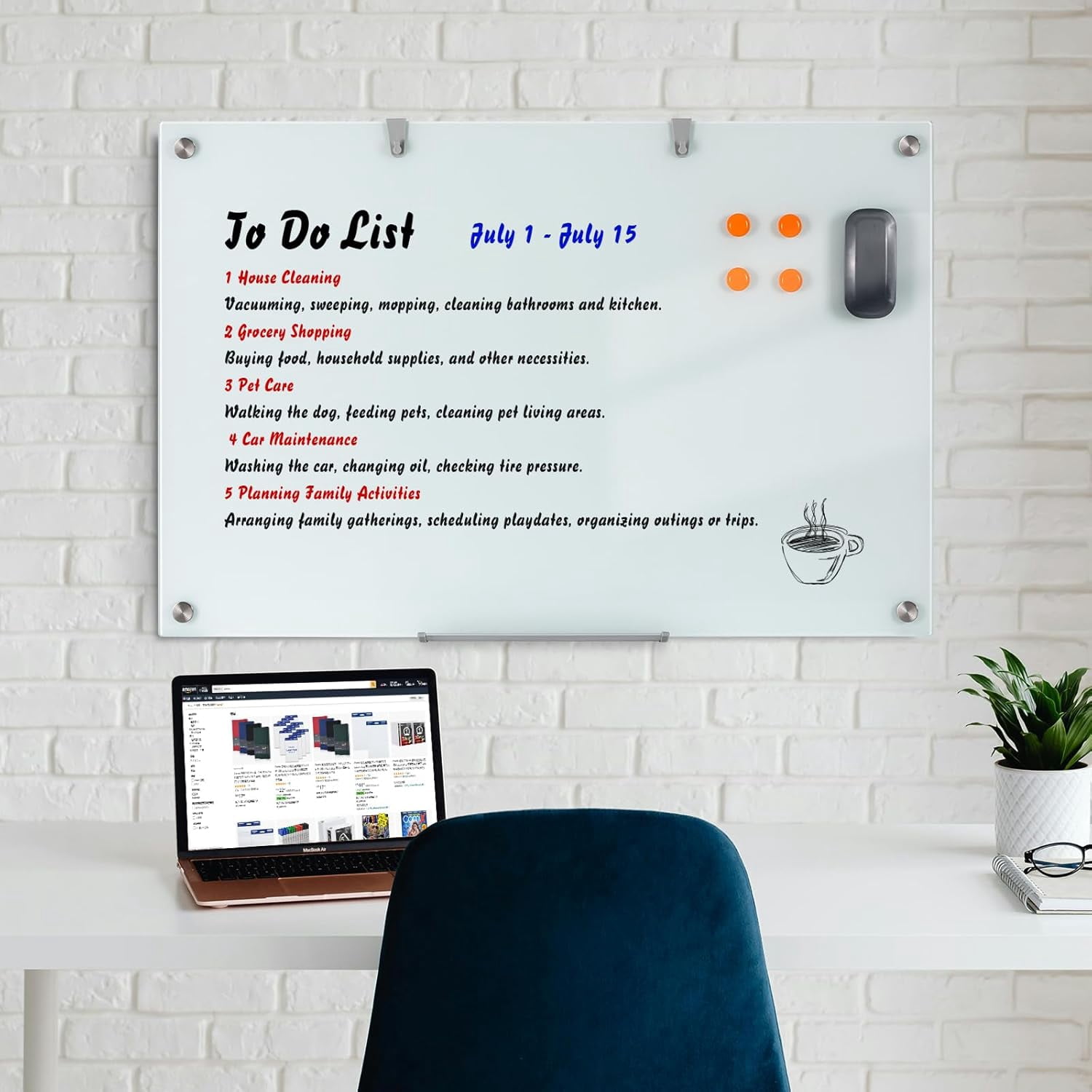WingWise Glass Magnetic Whiteboard, Dry Erase Board, 48" x 36", Wall Mounted White Board, Frameless Board for Office, Home, School
