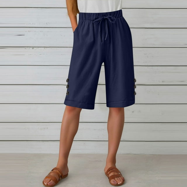 LVHAOGJOB Womens Plus Size Shorts with Pockets Summer Solid Color Elastic Waist Navy Drawstring Loose Shorts Pants for Women Linen