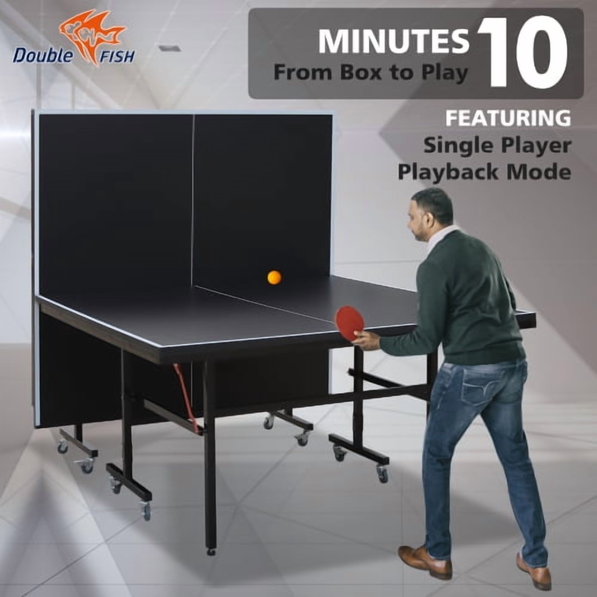 DOUBLE FISH 9 Ft MidSize Table Tennis Table Foldable And Portable Ping Pong Table Set For Indoor Games With Net 2 Table Tennis Paddles And 3 Balls