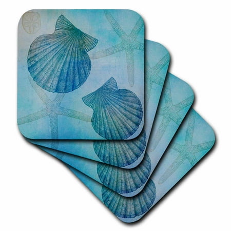 - 3dRose Aqua Shells and Starfish Beach Themed Art, Soft Coasters, set of 4