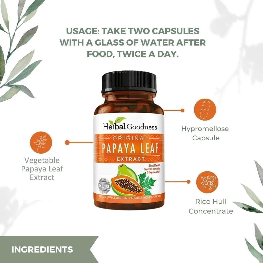 Herbal Goodness Papaya Leaf Extract Capsule, Pills, Digestive Enzymes, Immunity, Gut Health Supplement, Blood Platelet - 60/600mg