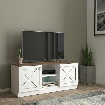 Vintage White Coastal Wood TV Stand for 80-89 Inch TVs, 2 Cupboards, Rustic Farmhouse Living Room & Bedroom Furniture, 47" W