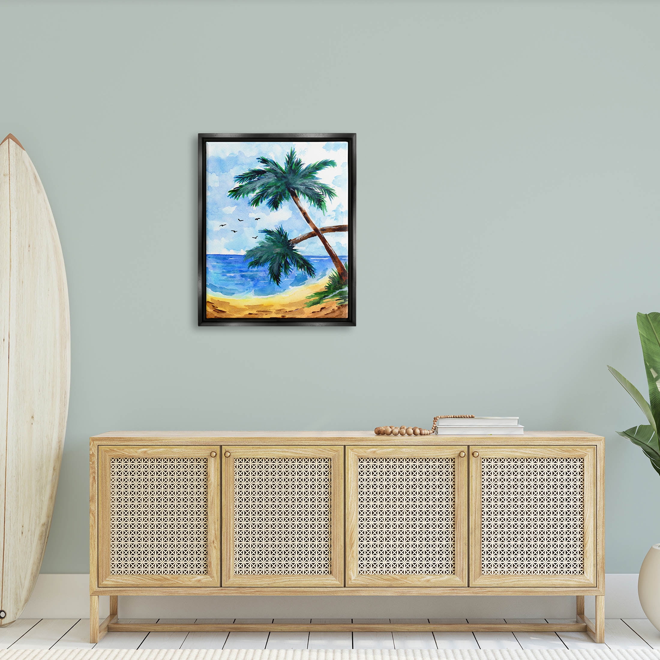 Tropical Beach Palms Birds Flying Coastal Painting Jet Black Framed Art Print Wall Art