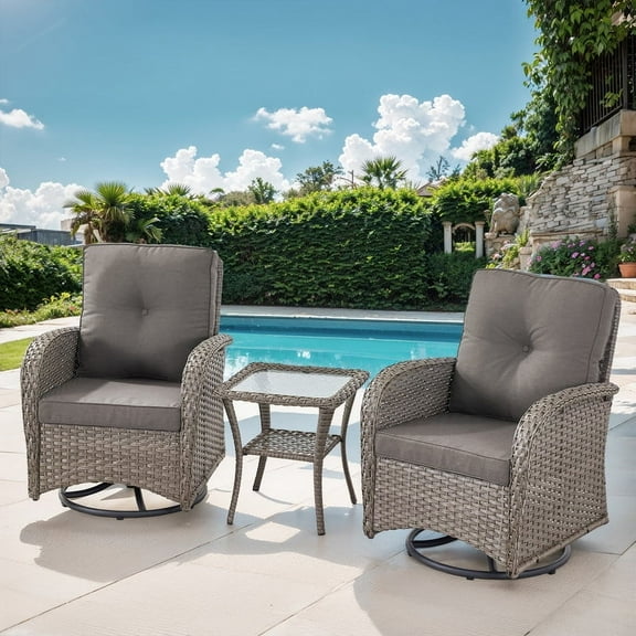 POCASSY Outdoor Wicker Chairs Swivel Rocking Chairs - Outdoor Swivel Rocking Chairs Set of 2 with Rattan Side Table, Gray Patio Swivel Glider Chair 3PCS Patio Furniture Set for Porch Pool, Gray/Gray