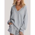 thumbnail image 5 of Womens V Neck 2 Piece Outfits Casual Loose Fit Long Sleeve Top and High Waisted Shorts Lounge Sets Light Gray L, 5 of 6