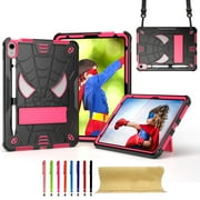 TECH CIRCLE for iPad 11th Generation (A16) Shockproof Hard Case 11" 2025 with Kickstand/Shoulder Strap/Stylus, Cute Spider Protective Sturdy Rugged Kids Cover for iPad 10th Gen 10.9" 2022, Black+Rose