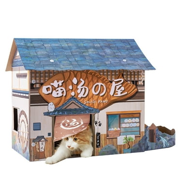 SMILE PAWS Large Sturdy Cardboard Cat House with Scratcher, Onsen Hotel