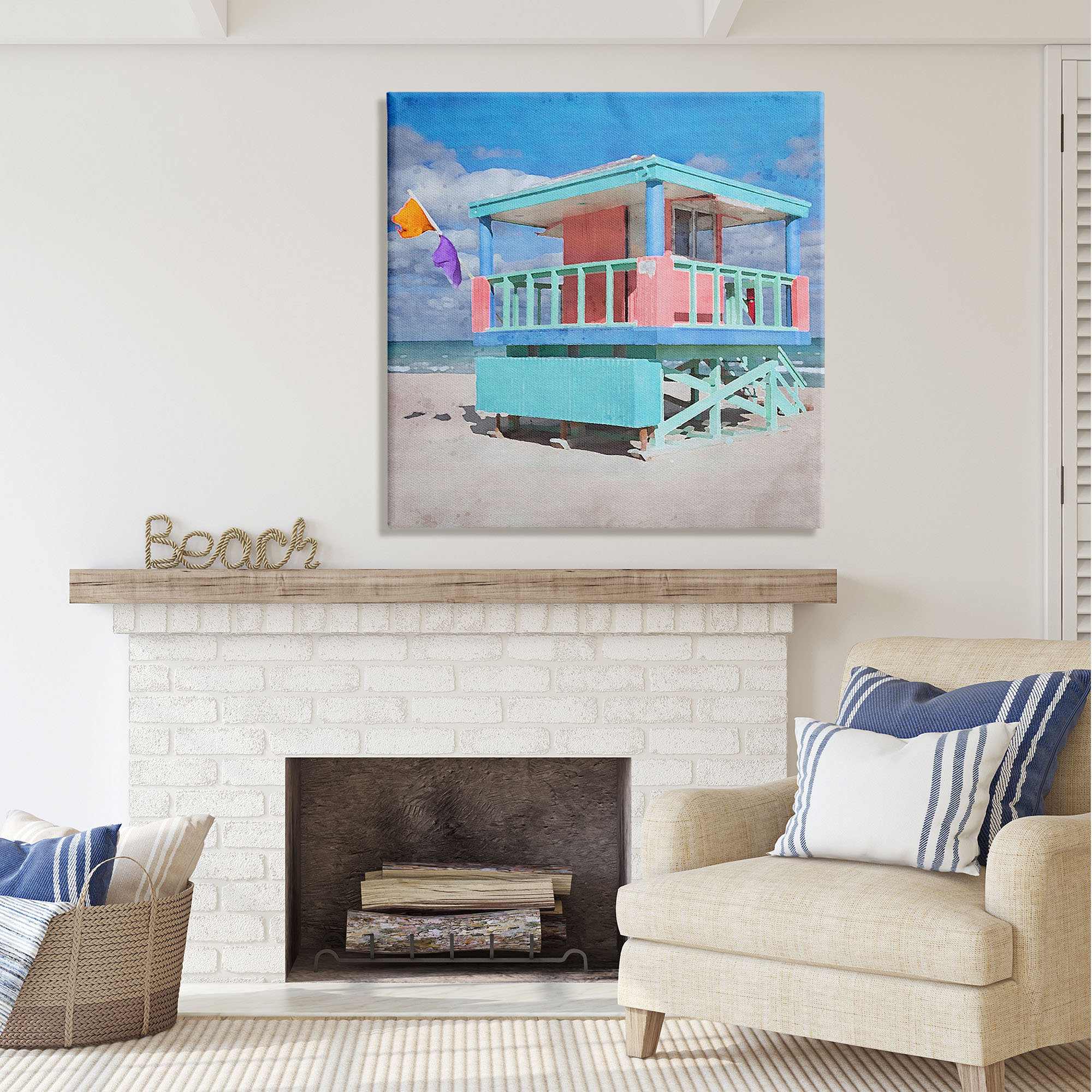 Stupell Industries Blue Summer Beach Hut Nature Painting Gallery Wrapped Canvas Print Wall Art, 36 x 36