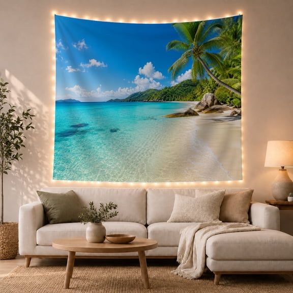 Palm Tree on a Turquoise Tropical Beach with Boulders, Peaceful Coastal for Beach Lovers, Ocean Wall Art, Housewarming Gift, Tapestry Wall Hanging for Bedroom and Living Room